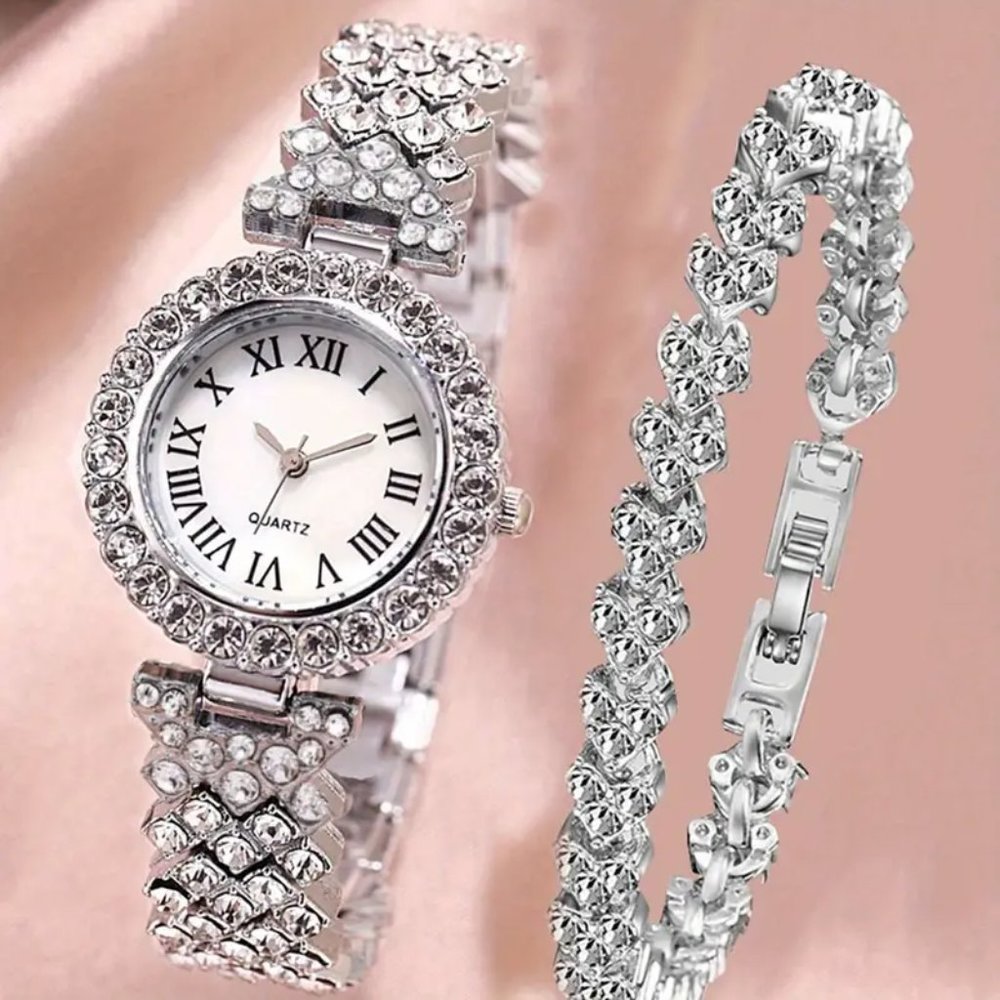 2pcs Watch and Bracelet Set Women Quartz Watch + Heart Bracelet Bling Silver